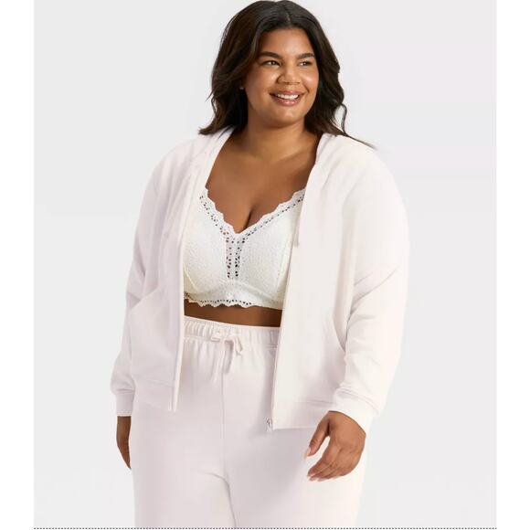 Women's Fleece Zip-up Sweatshirt - Auden™ Cream 3X Soft Drawstring Hood New - Picture 2 of 6